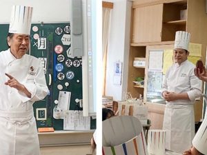 島田進、島田徹（パティシエ・シマ）各氏が、お菓子に欠かせない砂糖にフォーカスし、その種類や製造工程についてレクチャー（2024年、千代田区立富士見小学校にて）