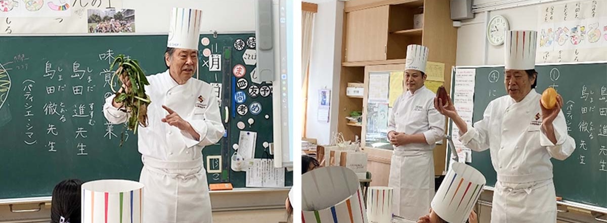 島田進、島田徹(パティシエ・シマ)各氏が、お菓子に欠かせない砂糖にフォーカスし、その種類や製造工程についてレクチャー(2024年、千代田区立富士見小学校にて)