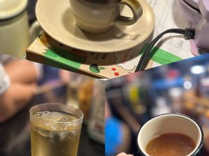 上がジュリさん一押しのマリブコーヒー、左下は濃いハイボール、右下はお味噌汁