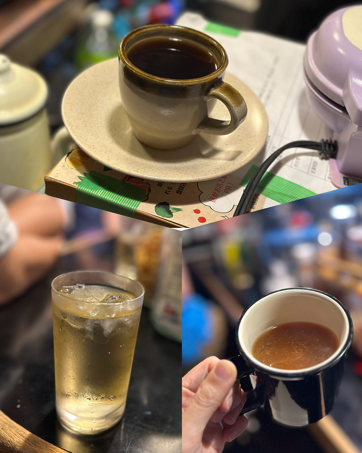 上がジュリさん一押しのマリブコーヒー、左下は濃いハイボール、右下はお味噌汁