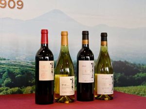 試飲した新ヴィンテージ、右から「SUNTORY FROM FARM 登美の丘 甲州 2023」、「同 登美の丘 赤 2022」、「同 登美 甲州 2023」、「同 登美 赤 2021」/食楽web