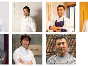 「イタリアン」参加シェフ。〈写真上段左から〉桝谷周一郎（Osteria Lucca 東4丁目）、後藤祐司 （Melograno）、仲本章宏 （ristorante NAKAMOTO）、堀川亮 （Fiocchi）、〈写真下段左から〉横江直紀（Lappartamento di NAOKI）、奥野義幸（La Brianza）、和田亮（FIREPIT）