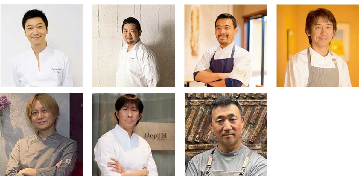 「イタリアン」参加シェフ。〈写真上段左から〉桝谷周一郎（Osteria Lucca 東4丁目）、後藤祐司 （Melograno）、仲本章宏 （ristorante NAKAMOTO）、堀川亮 （Fiocchi）、〈写真下段左から〉横江直紀（Lappartamento di NAOKI）、奥野義幸（La Brianza）、和田亮（FIREPIT）