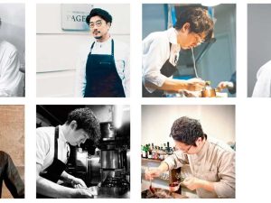 「フレンチ」参加シェフ。〈写真上段左から〉河瀬毅（BON VIVANT）、手島竜司（PAGES）、髙橋雄二郎（le sputnik）、前田元（Restaurant MOTOÏ）、〈写真下段左から〉田島裕大（Restaurant Honjin）、林弘善（Restaurant MANOIR）、田中弓普（Restaurant タナカ）