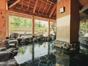広々とした露天風呂で森の風に吹かれながらのんびり入浴タイム