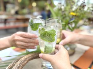 料理を待ちながら、摘みたてのミントたっぷりのモヒートで乾杯