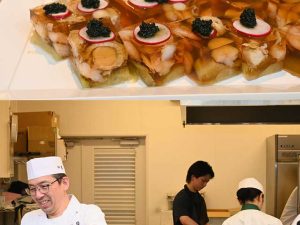『笠庵 賛否両論（VISON）』の市川シェフ。同店はヴィソンの温泉・本草エリアにあり、温泉の後にのんびりと和食を楽しめる店。下：「秋茄子とエビとホタテの煮こごり ランプキャビア添え」も絶品！