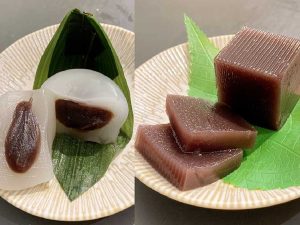 水まんじゅう、水ようかんにも、みたらしだんごや草だんごと同様に北九州産の高級葛、北海道産高級小豆「雅」を使用しているとのこと。葛の滑らかさがよく分かる逸品