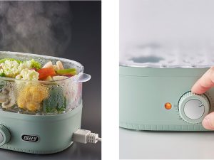 本体に水を入れ、スチームトレイに食材をのせてダイヤルを回すだけ
