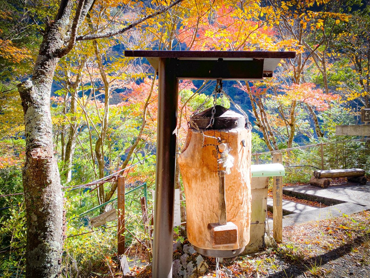 吊り橋前にある「木の鐘」は思い出作りにピッタリ