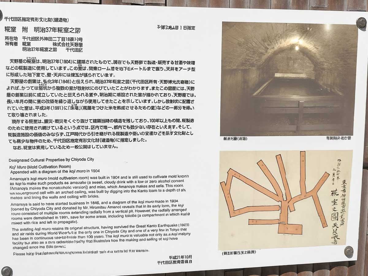 糀を育む「室（むろ）」の歴史を伝える、千代田区指定有形文化財の看板（店舗右手）