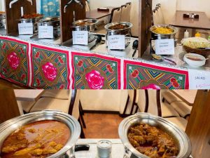 左から、チキンコルマ、マトンカレー。チキンビリヤニやサラダ、ひよこ豆のカレーなどが選べる。セット1,100円から