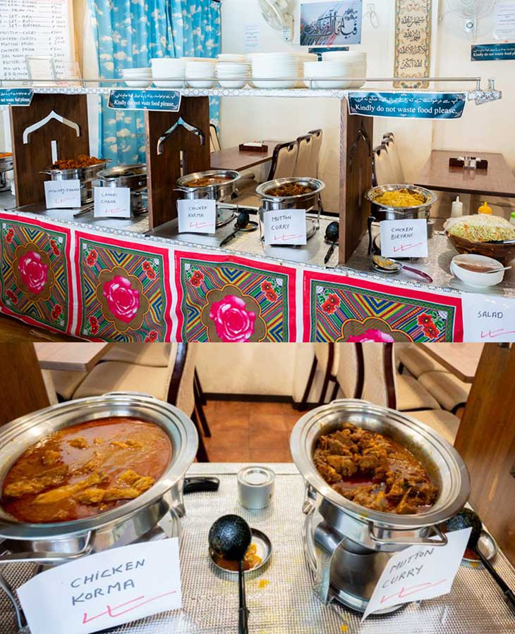 左から、チキンコルマ、マトンカレー。チキンビリヤニやサラダ、ひよこ豆のカレーなどが選べる。セット1,100円から