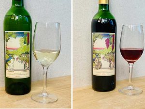 左：白ワインにあわせた白猫のイラストが印象的。右：商品ごとに違う猫が描かれていて、飲んだ後の空き瓶もコレクションしたくなります　［食楽web］