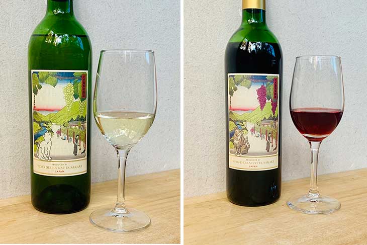 左：白ワインにあわせた白猫のイラストが印象的。右：商品ごとに違う猫が描かれていて、飲んだ後の空き瓶もコレクションしたくなります　［食楽web］