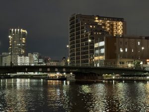 屋形船やビルの灯りが映ってゆらゆらと光る流水面